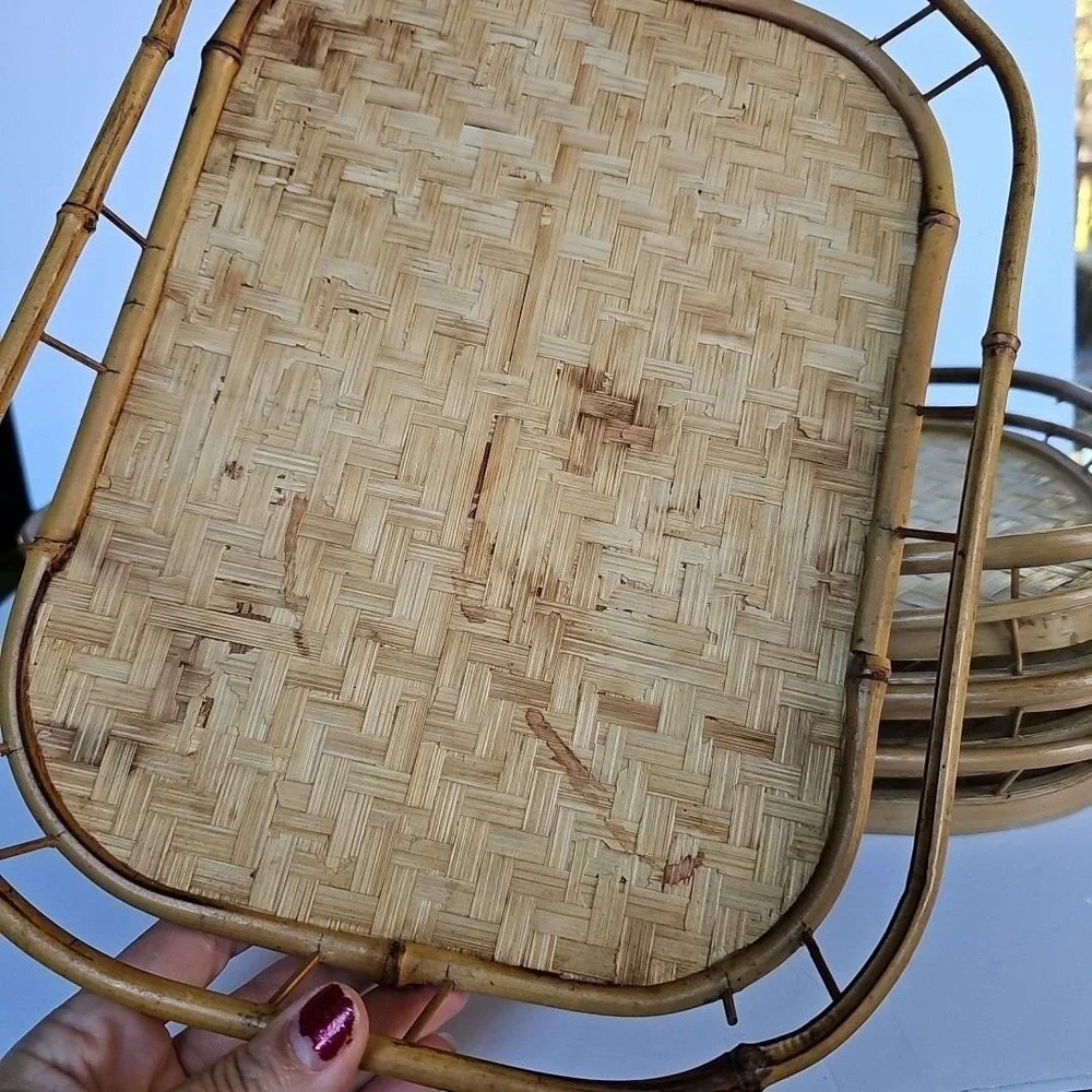 Vintage Bamboo Rattan Woven Serving Trays Set of 5 Nested Boho Coastal Decor‎